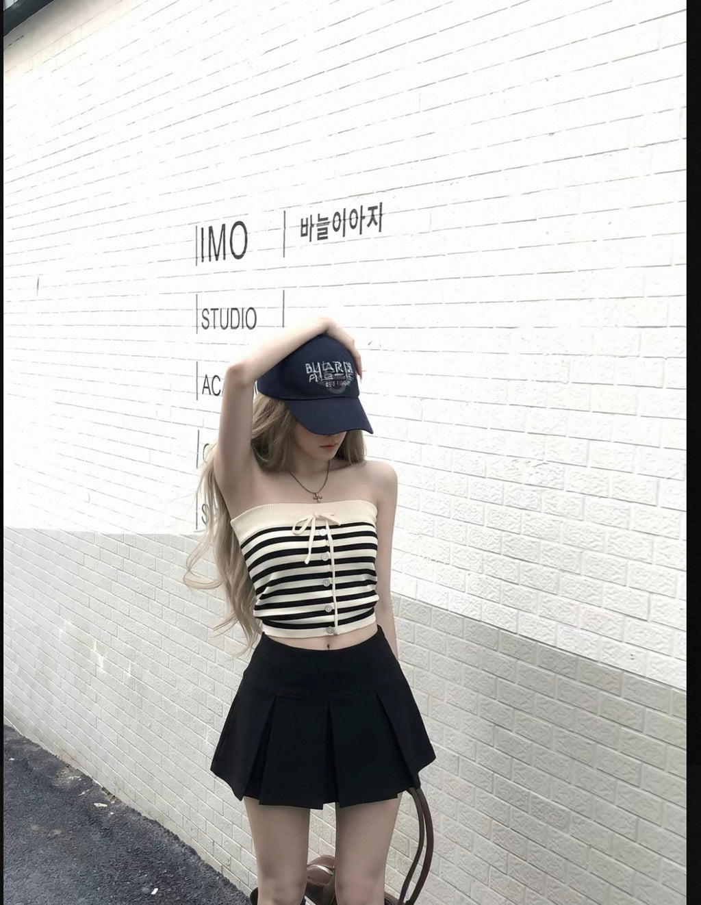 韩系miumiu黑白条纹抽绳抹胸