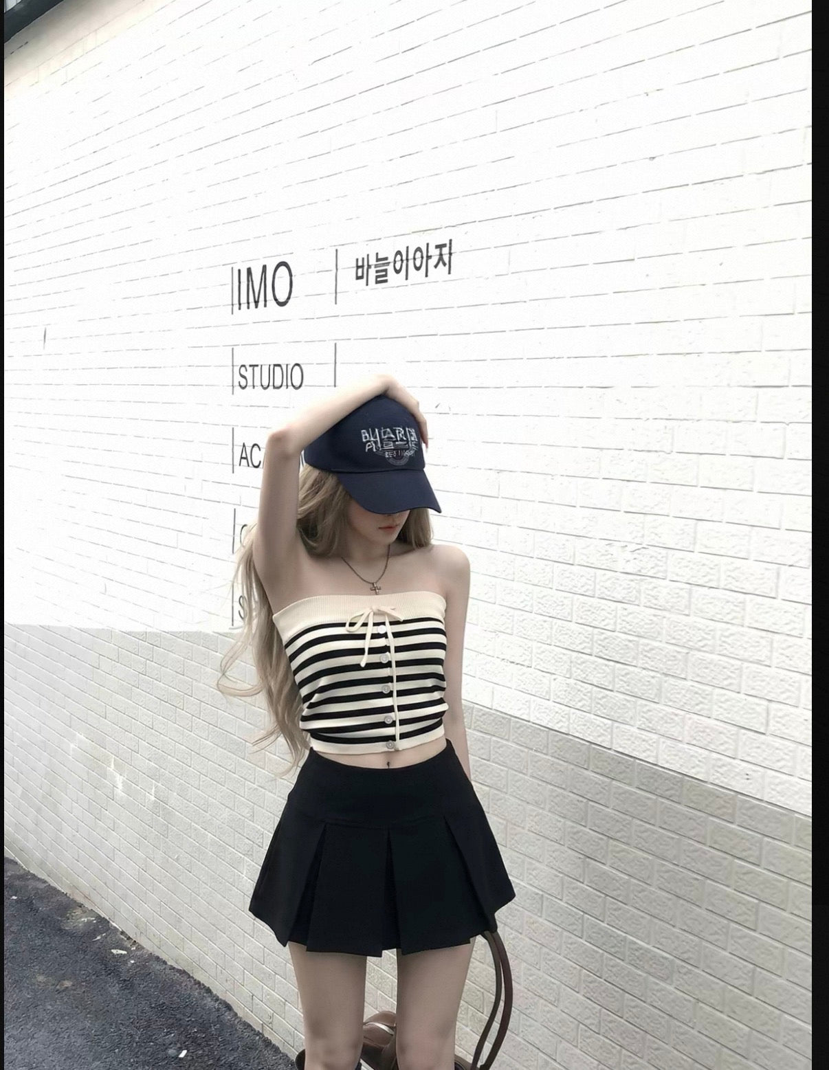 韩系miumiu黑白条纹抽绳抹胸