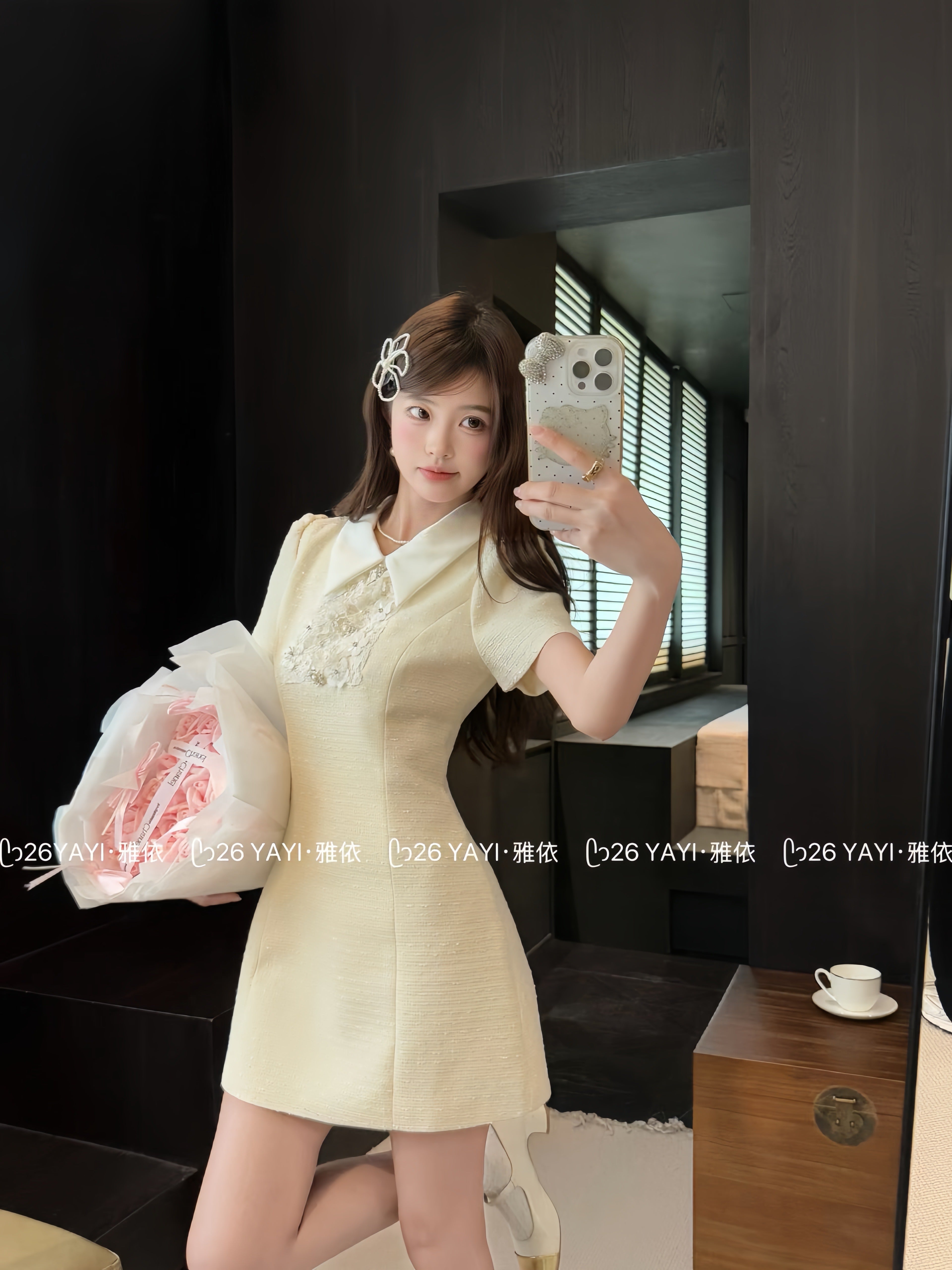 奶杏色小香风连衣裙