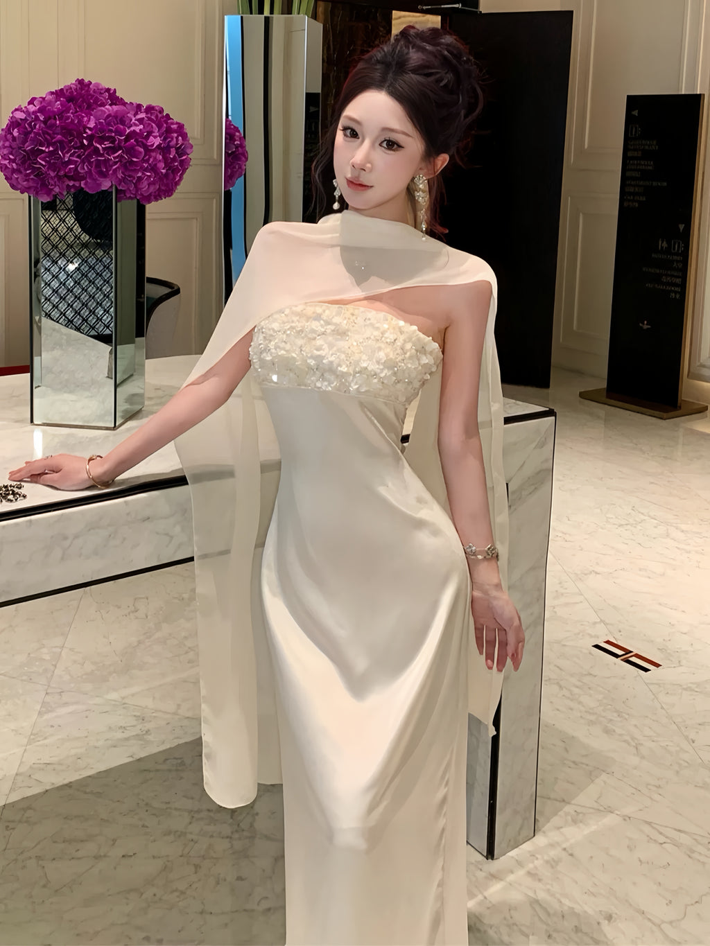 飘带抹胸缎面鱼尾晚礼服