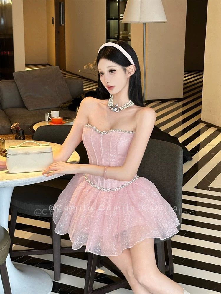 水钻抹胸收腰蓬蓬短款礼服裙
