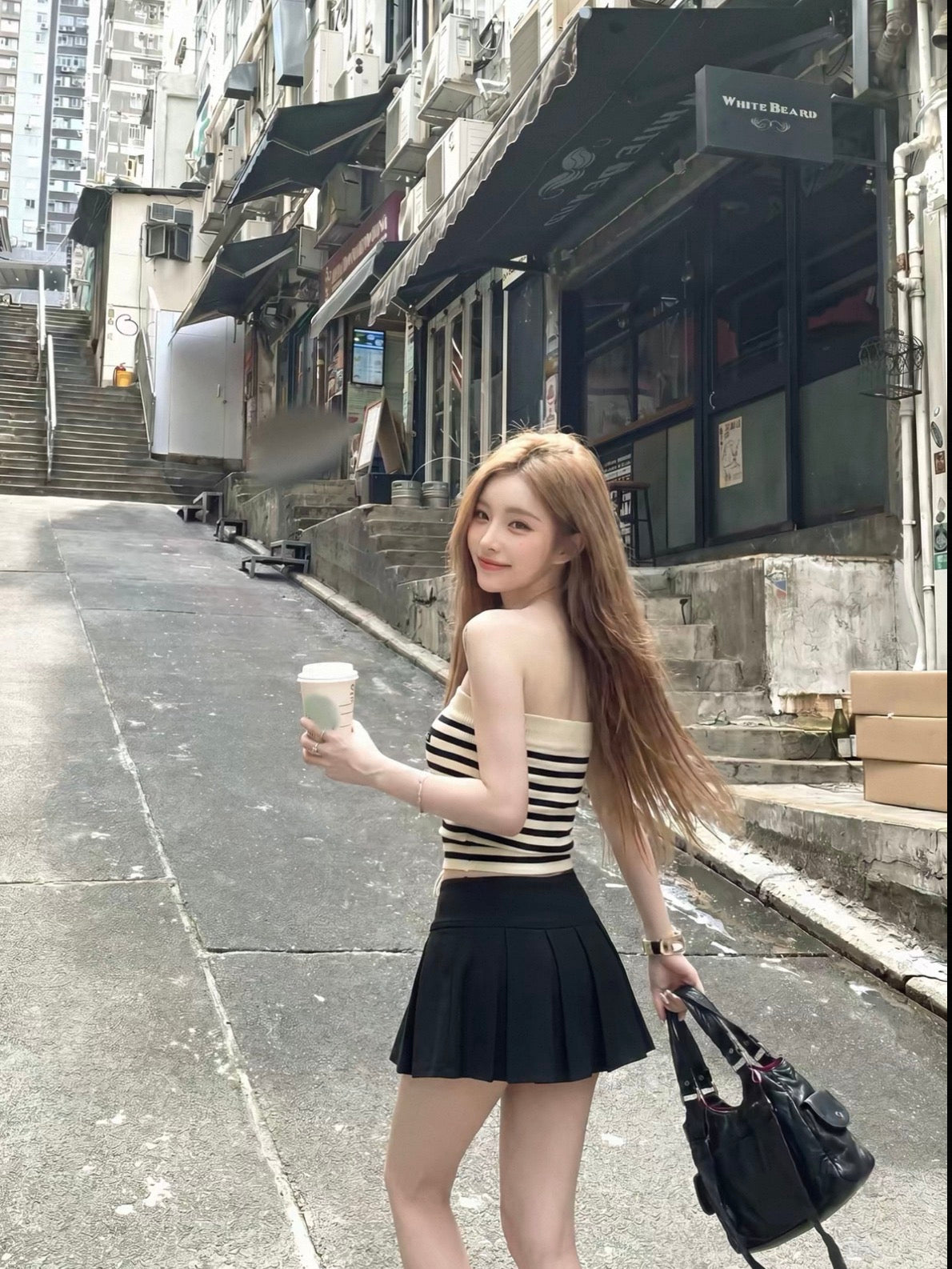 韩系miumiu黑白条纹抽绳抹胸