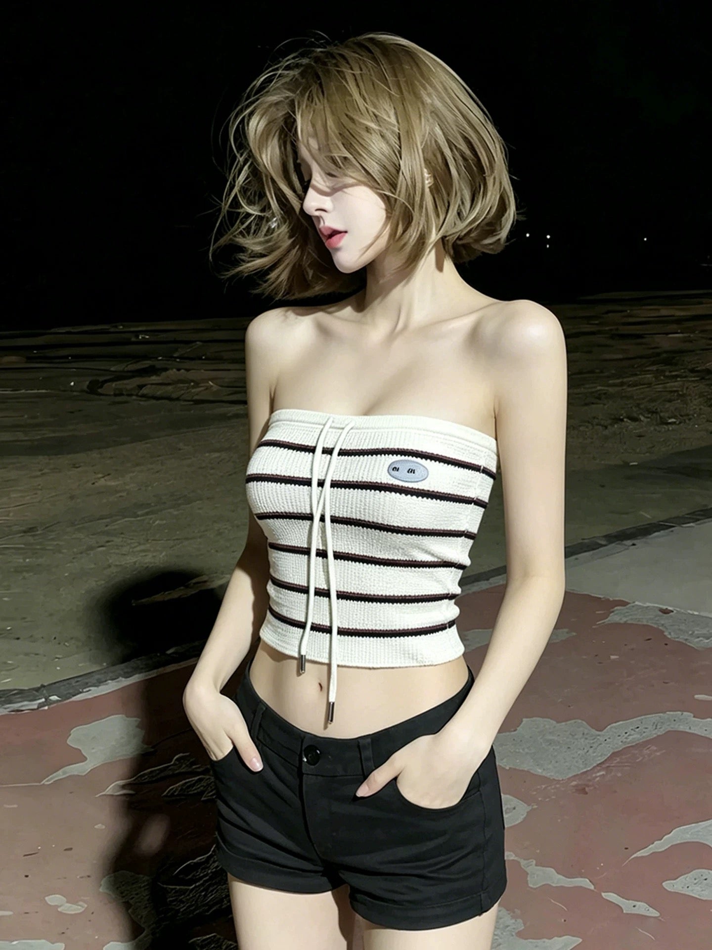 Miumiu系列蓝白抽绳抹胸