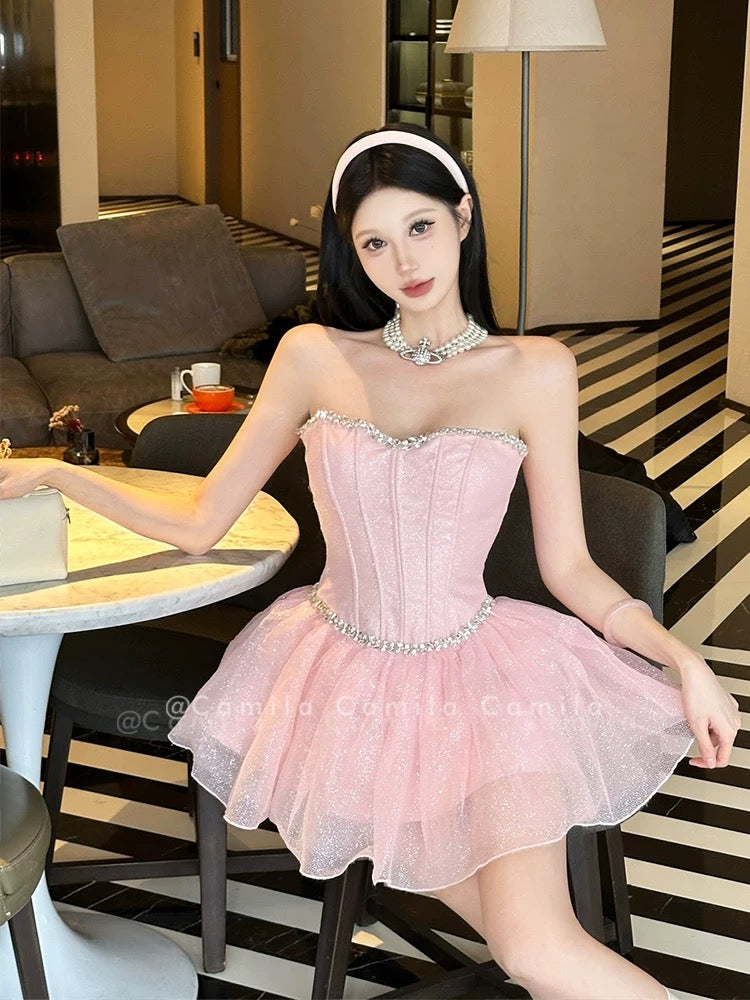 水钻抹胸收腰蓬蓬短款礼服裙