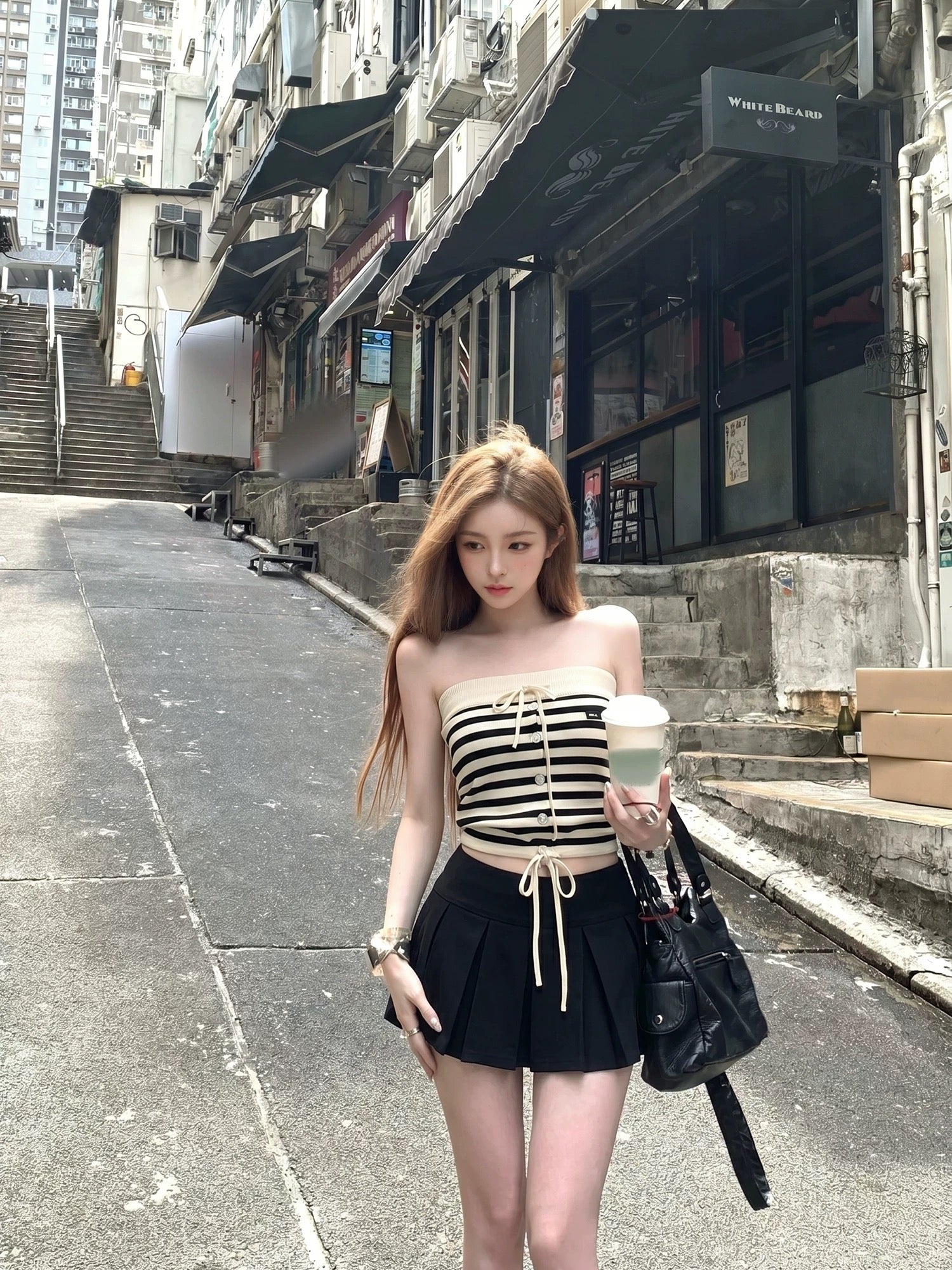 韩系miumiu黑白条纹抽绳抹胸