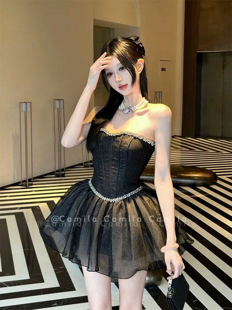 水钻抹胸收腰蓬蓬短款礼服裙